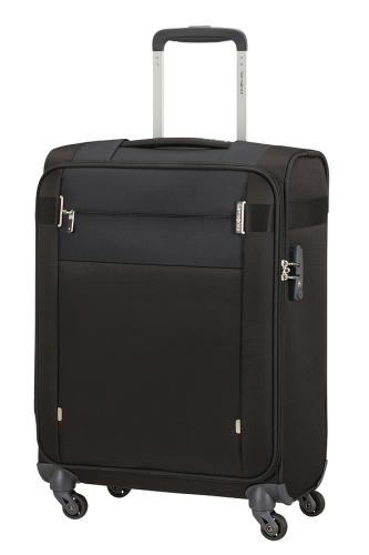 Schwarzer Trolley-Koffer mit vier Rollen und ausziehbarem Griff, ideal für Reisen