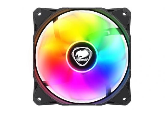RGB-Computerlüfter mit leuchtenden Regenbogenfarben und Lüfterblättern, zentralem Logo sichtbar