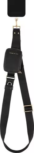 Hochwertige schwarze Umhängetasche mit integriertem Handyhalter und goldenen Akzenten