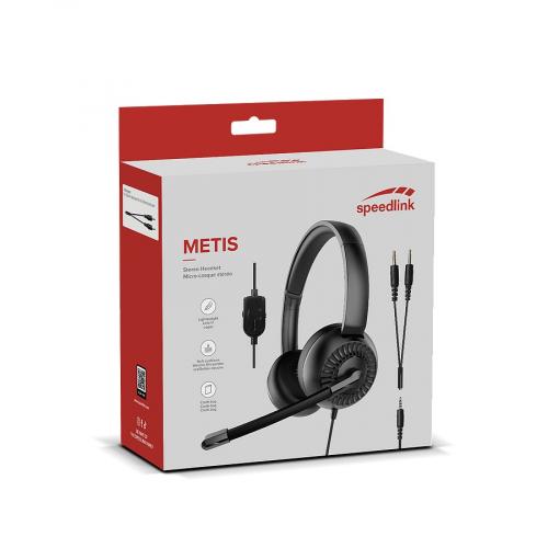Verpackung des Speedlink METIS Headsets mit Mikrofon und Kabelanschlüssen