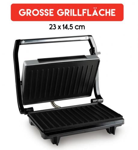 Elektrischer Tischgrill mit großzügiger Grillfläche von 23 x 14,5 cm geöffnet