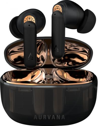 Kabellose schwarze In-Ear-Kopfhörer mit goldenem Ladecase und elegantem Metallic-Design