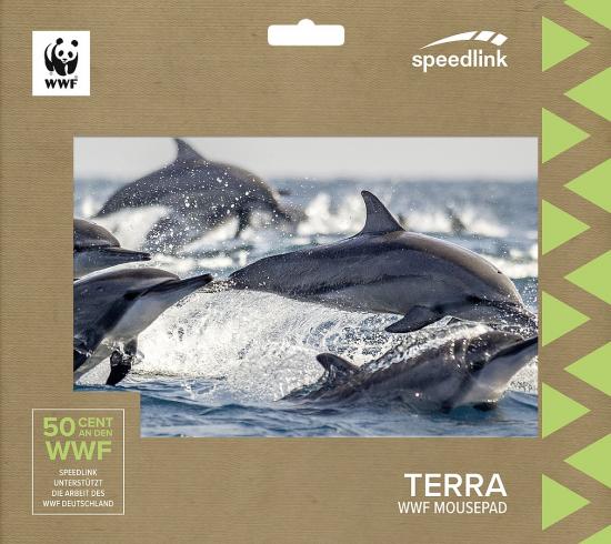 Mehrere Delfine springen über das Wasser auf einem Speedlink TERRA WWF Mousepad, das den WWF unterstützt.