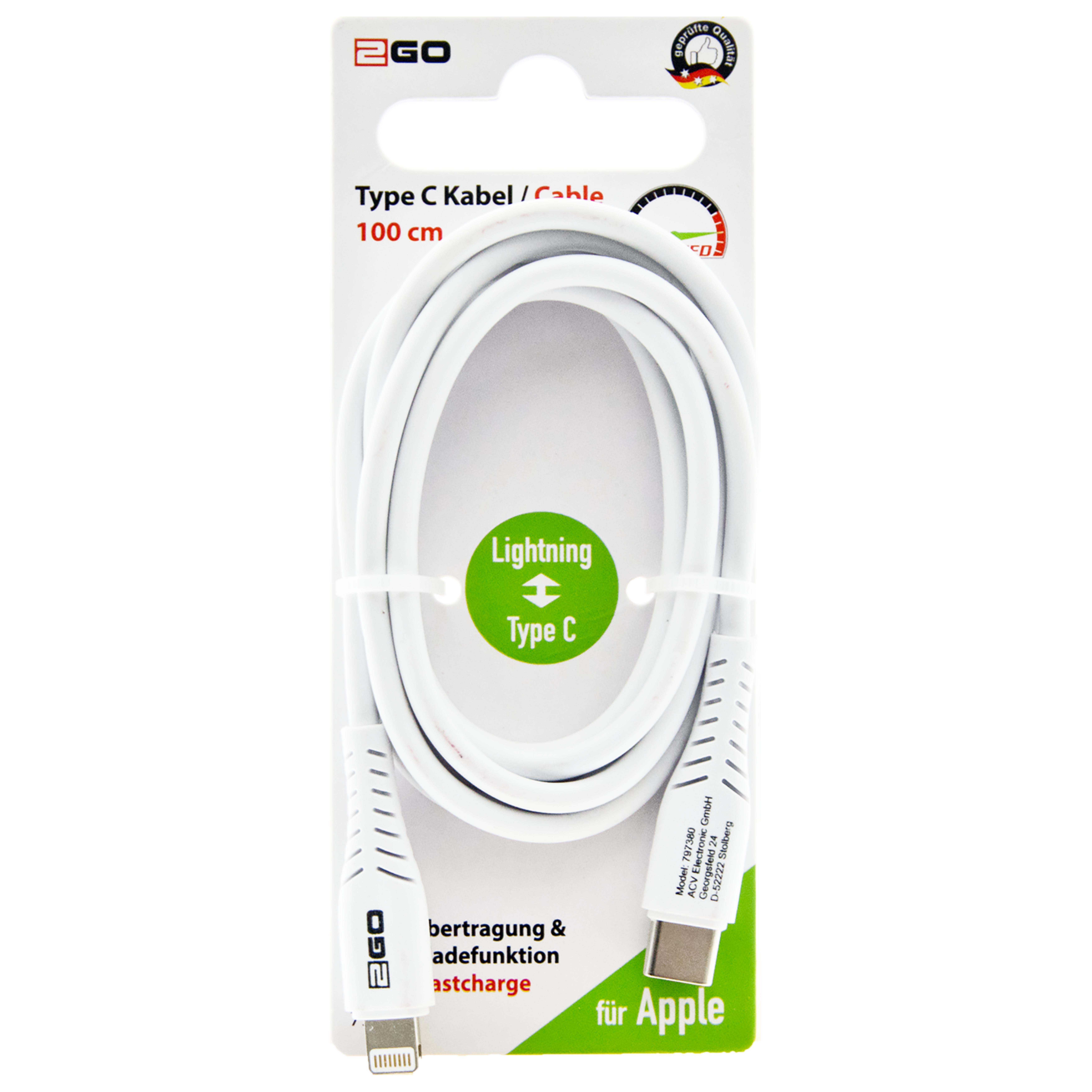 2GO USB Datenkabel USB-C 3.1 auf Lightning Basic Line 1m ws