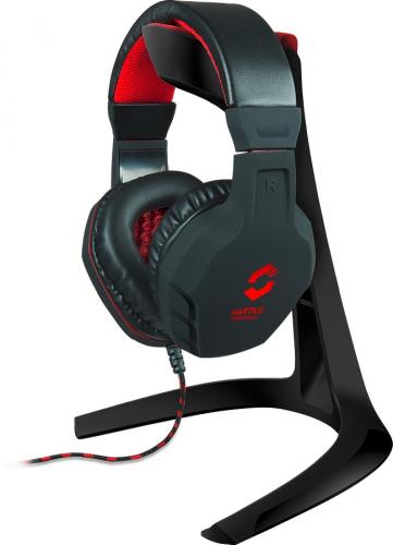 Gaming-Headset in Schwarz und Rot auf einem Ständer, perfekt für immersive Spielerlebnisse