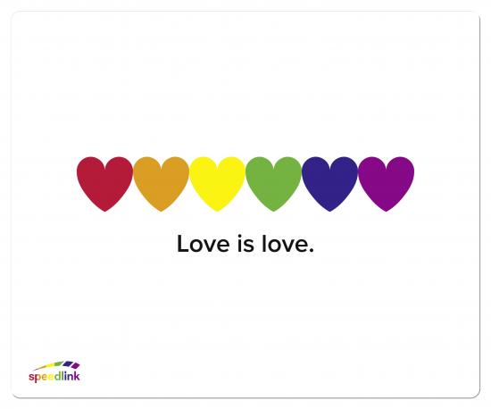 Sechs Herzen in den Farben des Regenbogens mit dem Satz 'Love is love' darunter, begleitet von einem Speedlink-Logo