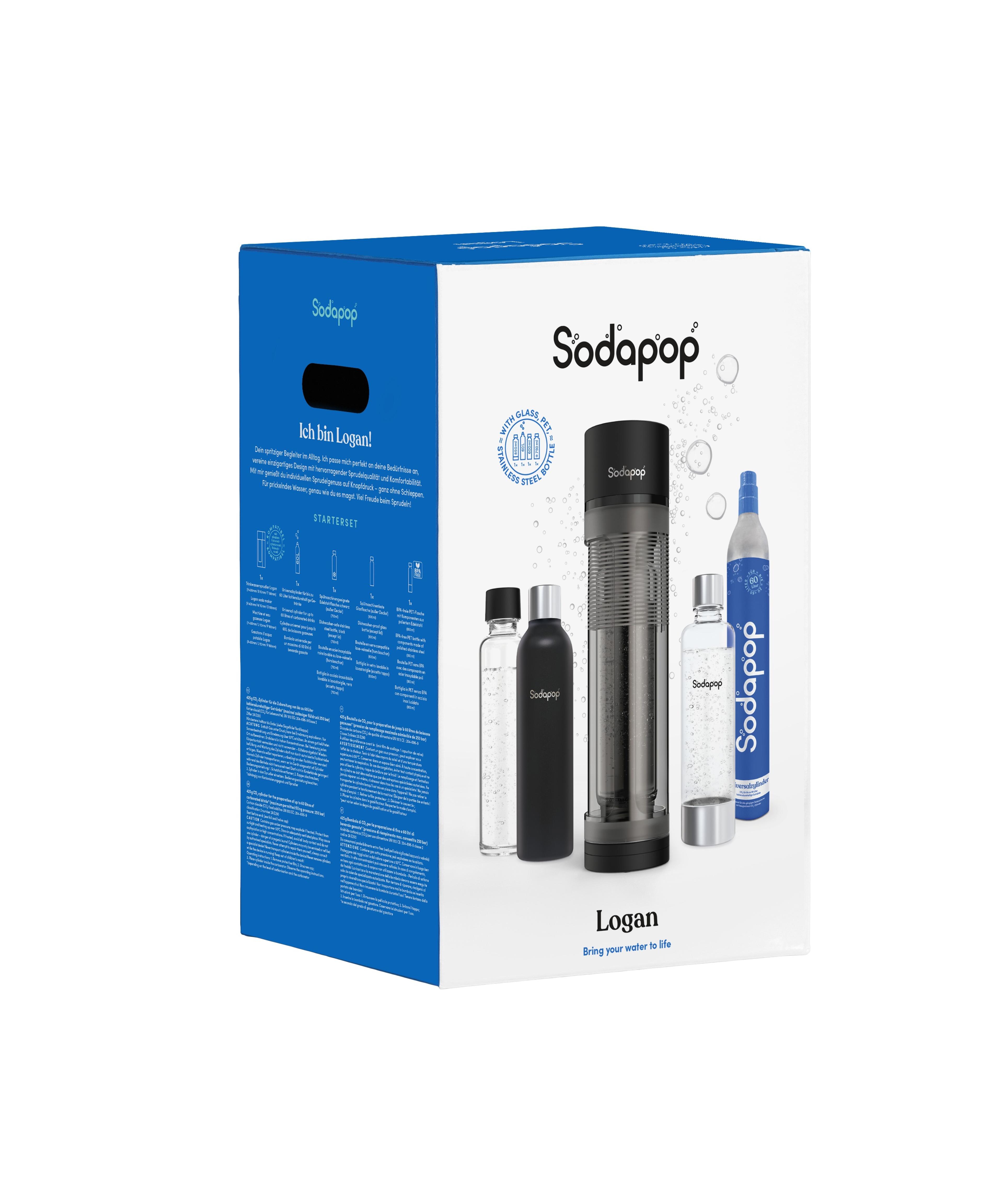 SODAPOP Wassersprudler Logan mit Glasflasche, PET Flasche, Edelstahlflasche & CO2-Zylinder