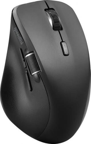 Schwarze ergonomische kabellose Maus mit seitlichen Tasten und Scrollrad