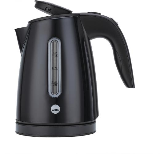 Schwarzer Wasserkocher mit seitlichem Wasserstandsanzeiger und ergonomischem Griff