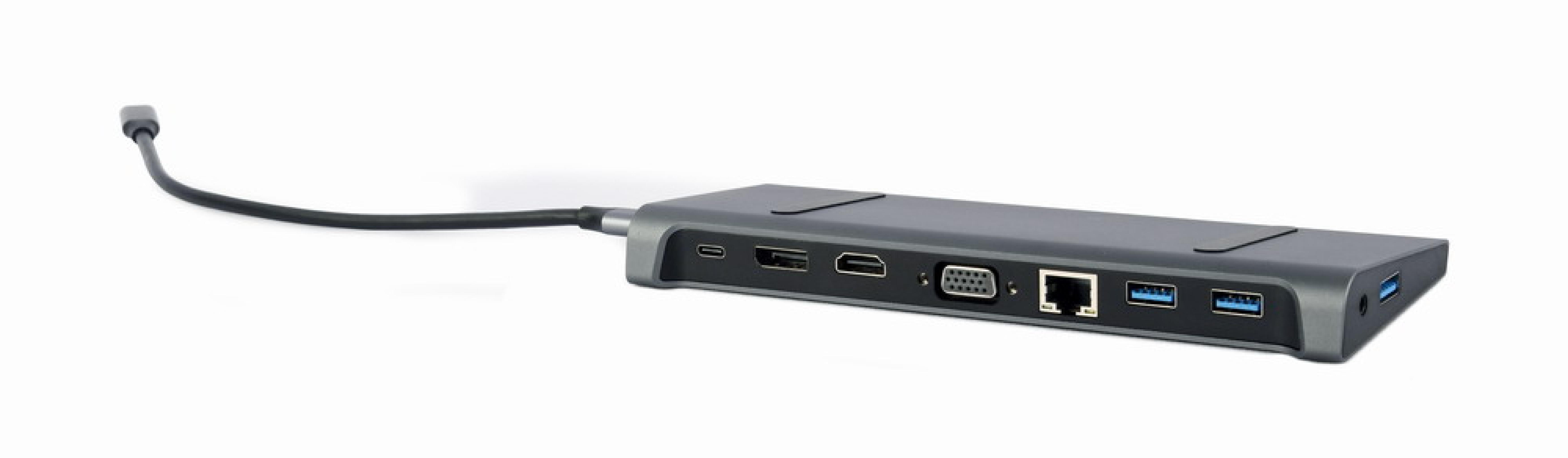 gembird USB Typ-C 9-in-1 Kombi Adapter HUB+HDMI+DP+LAN grau