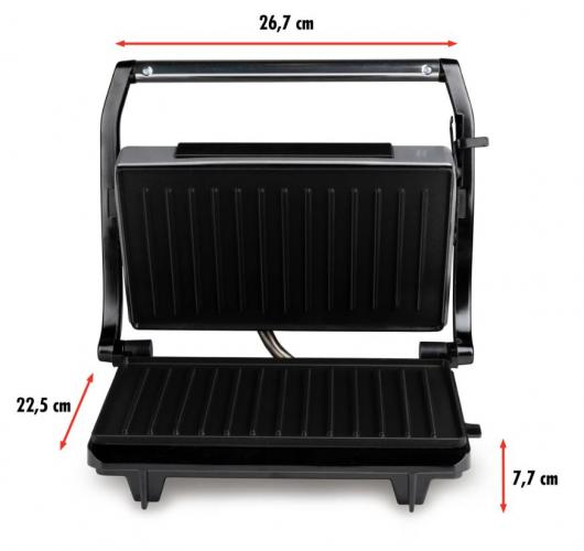 Kontaktgrill mit geöffneten Grillplatten und Abmessungen 26,7 cm Breite, 22,5 cm Höhe, 7,7 cm Tiefe