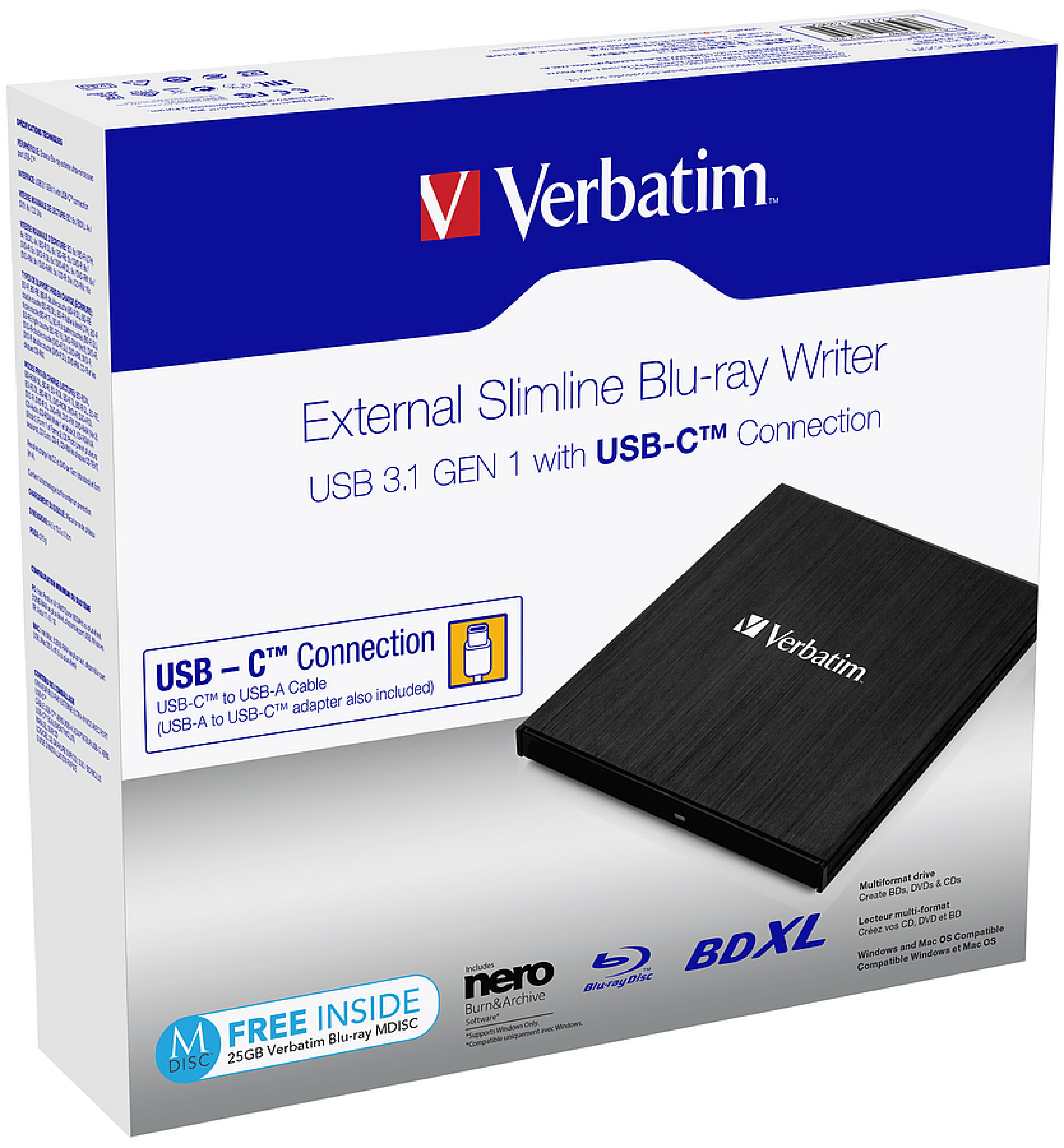Verbatim Externer Slimline Blu-ray Brenner mit USB 3.1 Verbindung und USB-C Adapter