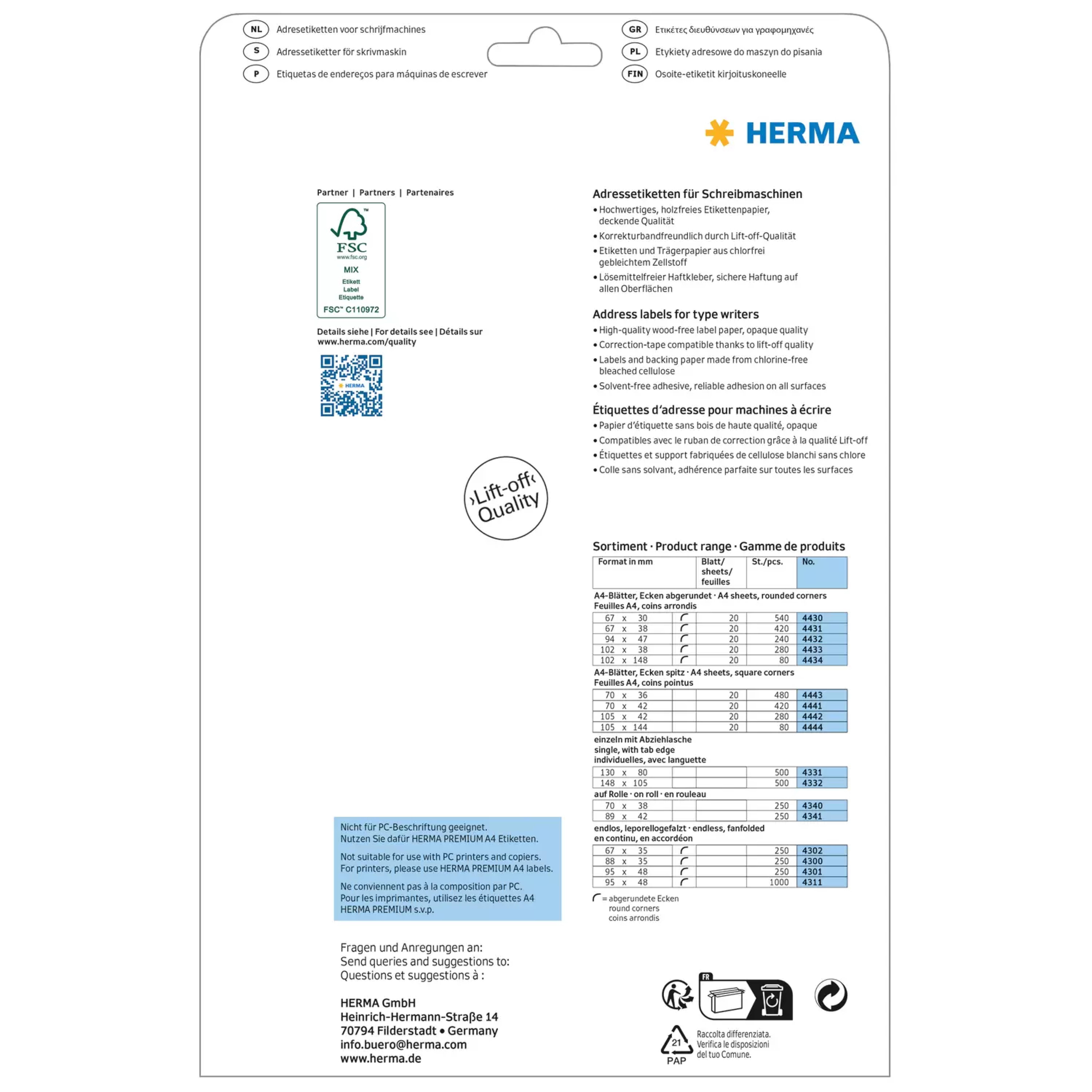 HERMA Adressetik. 67x30 mm Papier matt Ecken rund 540 St.