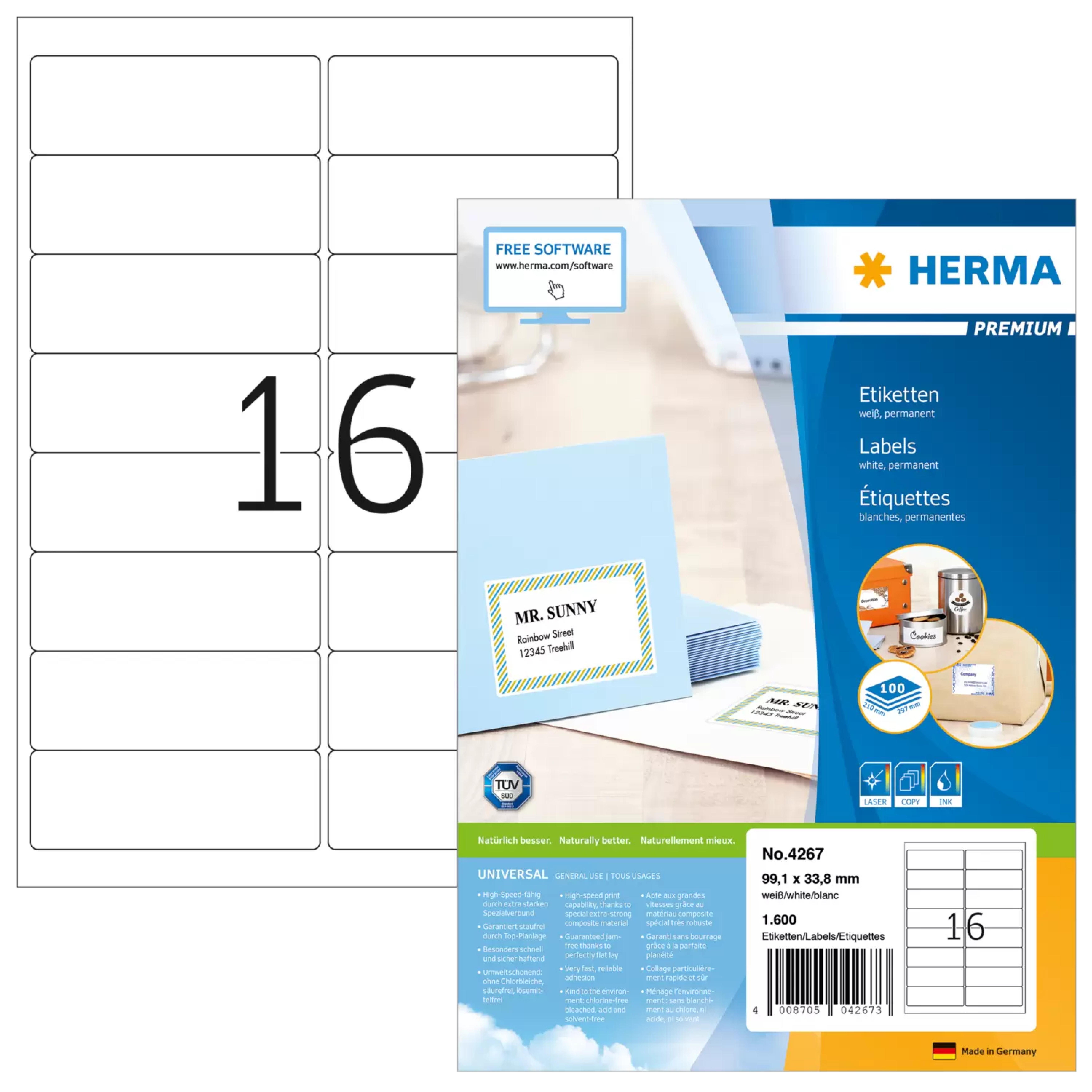 HERMA Adressetiketten A4 weiss 99,1x33,8 mm Papier 1600 St.