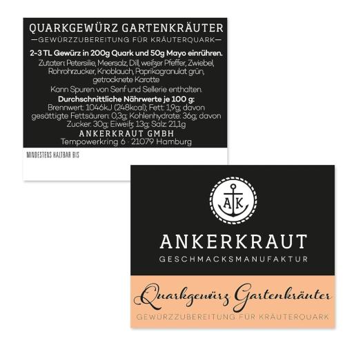 Verpackungsdesign Ankerkraut Quarkgewürz Gartenkräuter mit Zutatenliste und Nährwertangaben