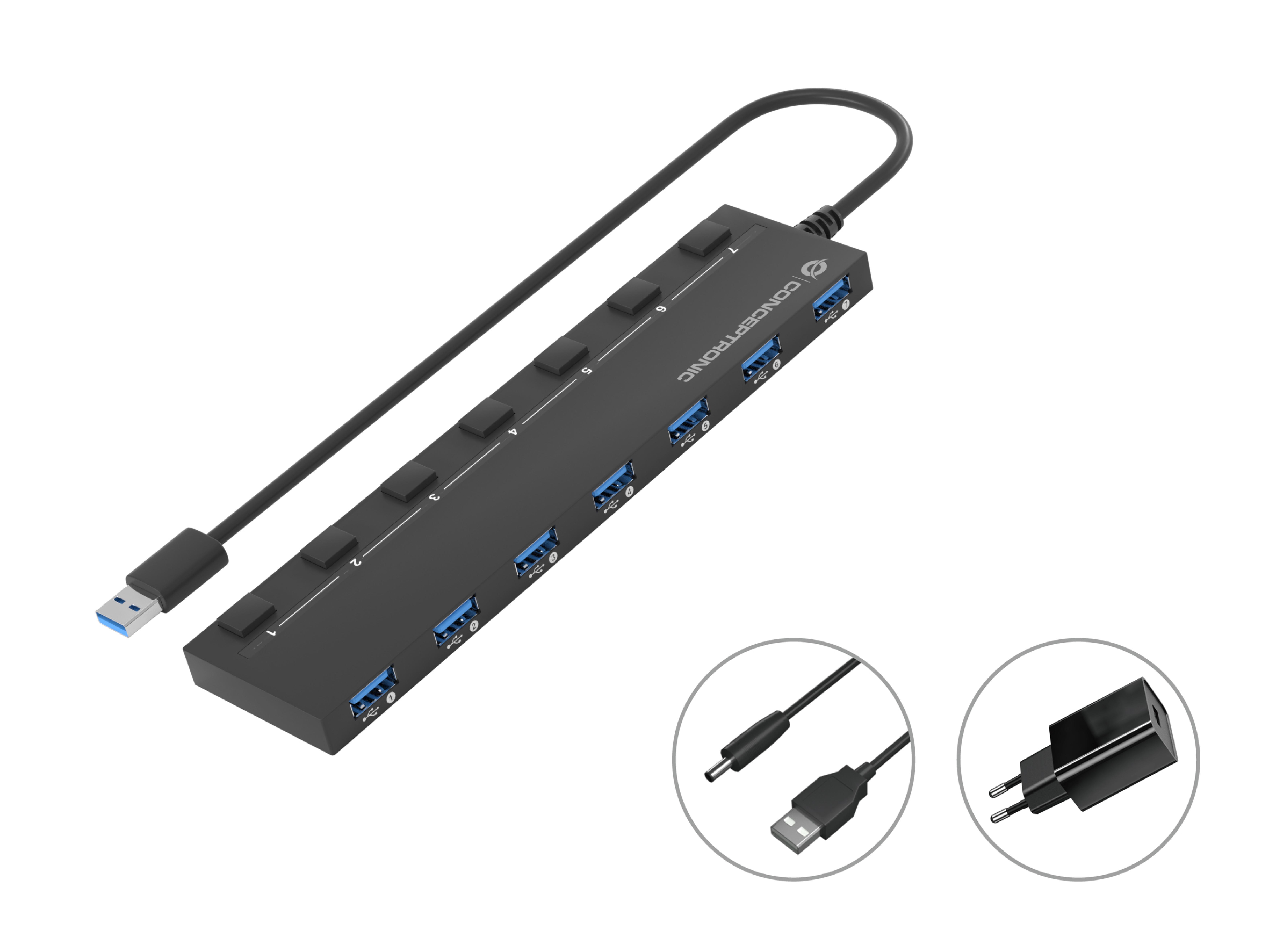 CONCEPTRONIC 7-Port Hub USB-A3.0->7xA3.2Gen1/DC m.Netz. sw