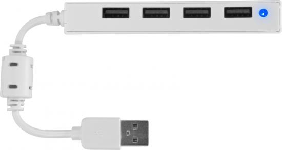 USB-Hub mit 4 Anschlüssen, kompakt und tragbar Weißer USB-Hub mit vier USB-Anschlüssen und LED-Anzeige
