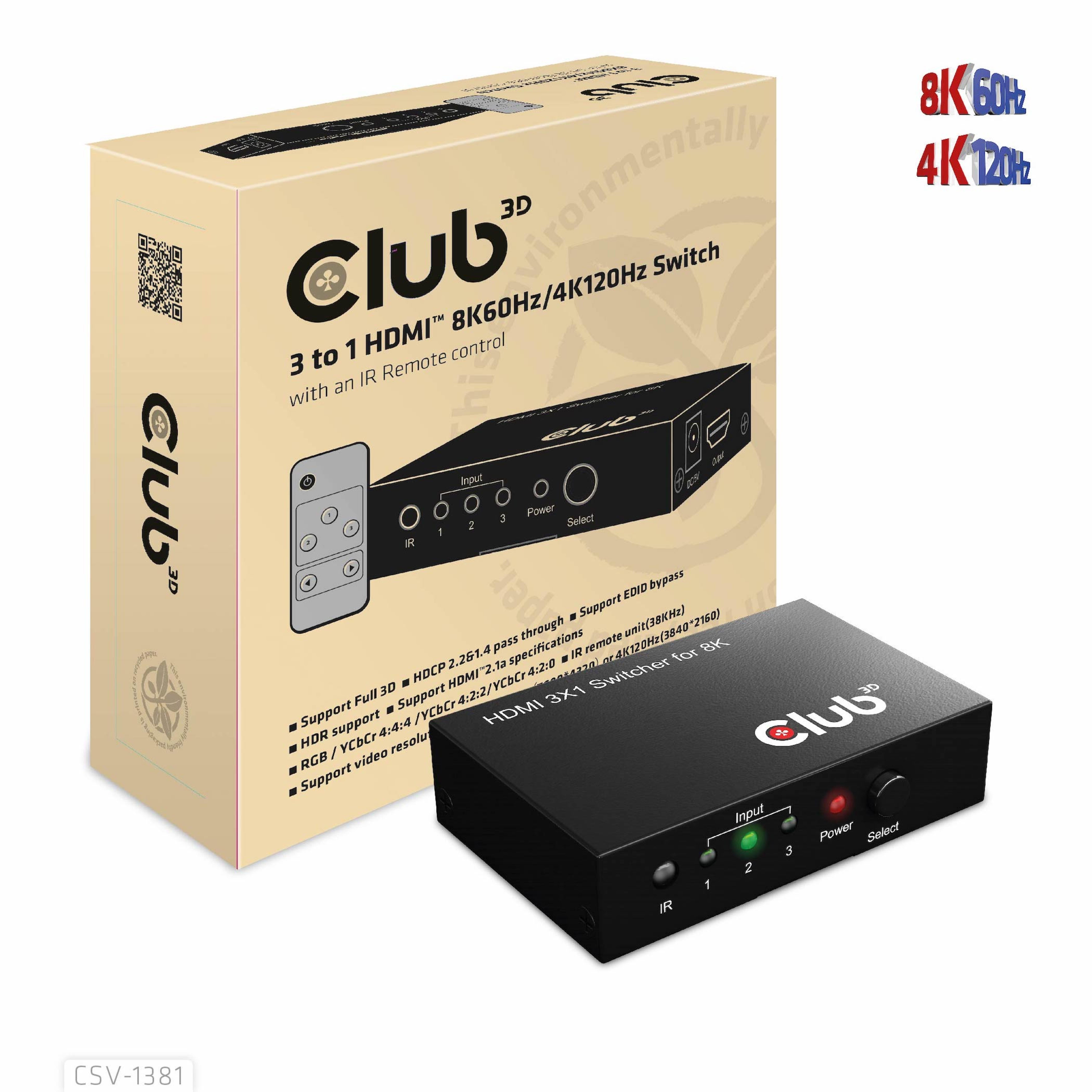 Club3D HDMI Switchbox 3 Eingaenge -> 1 Ausgang 8K60Hz UHD retail