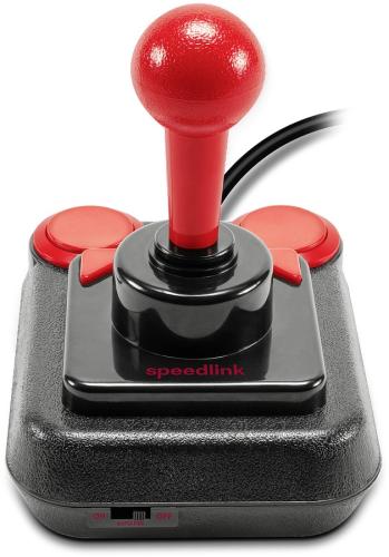 Schwarzer und roter Retro-Joystick mit zwei Tasten und Kabelanschluss