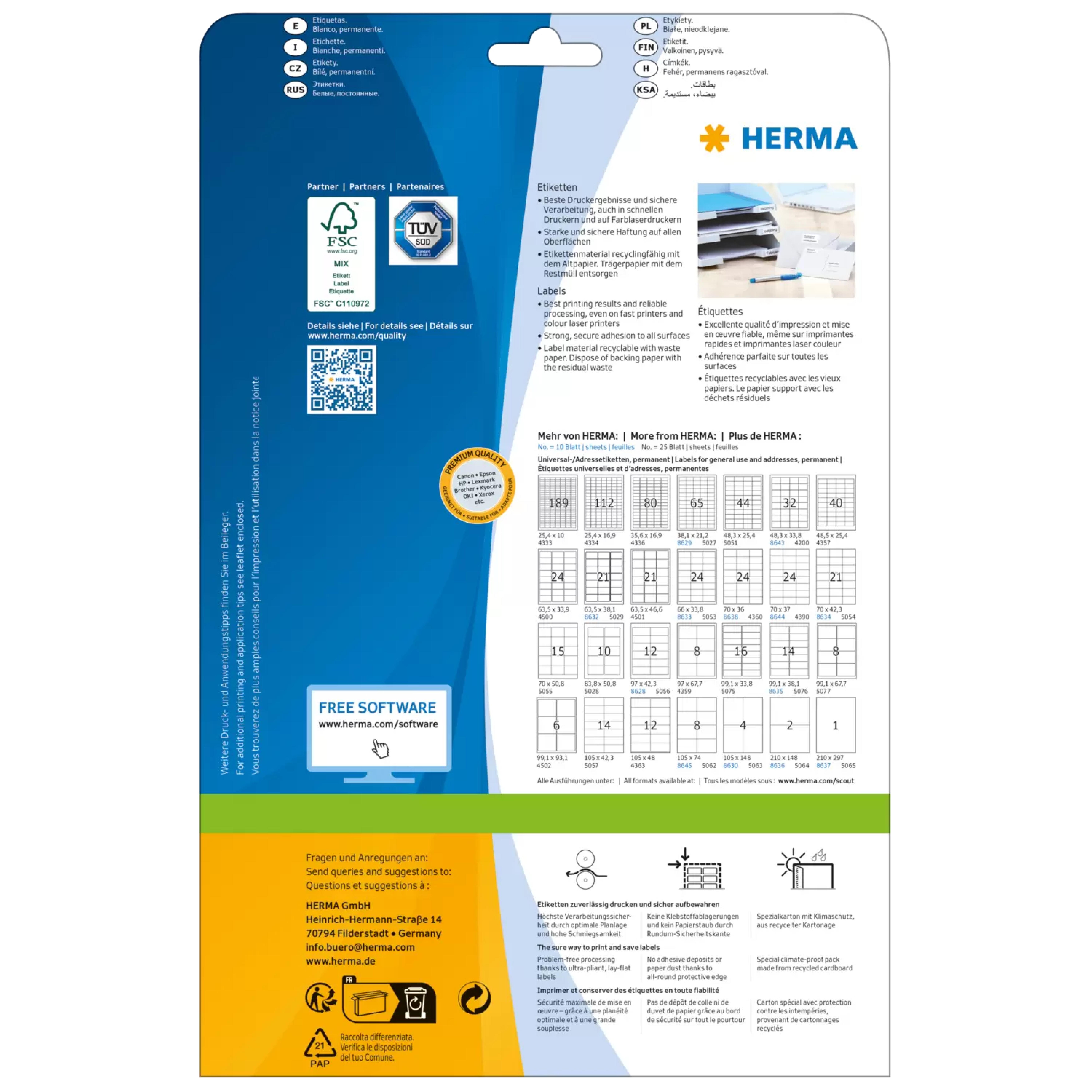 HERMA Adressetiketten A4 weiss 99,1x38,1 mm Papier 140 St.