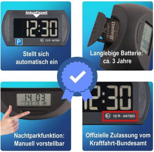 Digitale Parkscheibe mit automatischer Zeiteinstellung, langlebiger Batterie und KBA-Zulassung. Enthält Nachtparkfunktion.