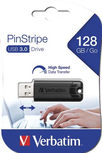 Verbatim PinStripe USB 3.0 128GB Speicherstick in der Verpackung, ideal für hohe Übertragungsgeschwindigkeiten
