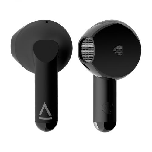 Zwei schwarze kabellose In-Ear Kopfhörer mit modernem Design