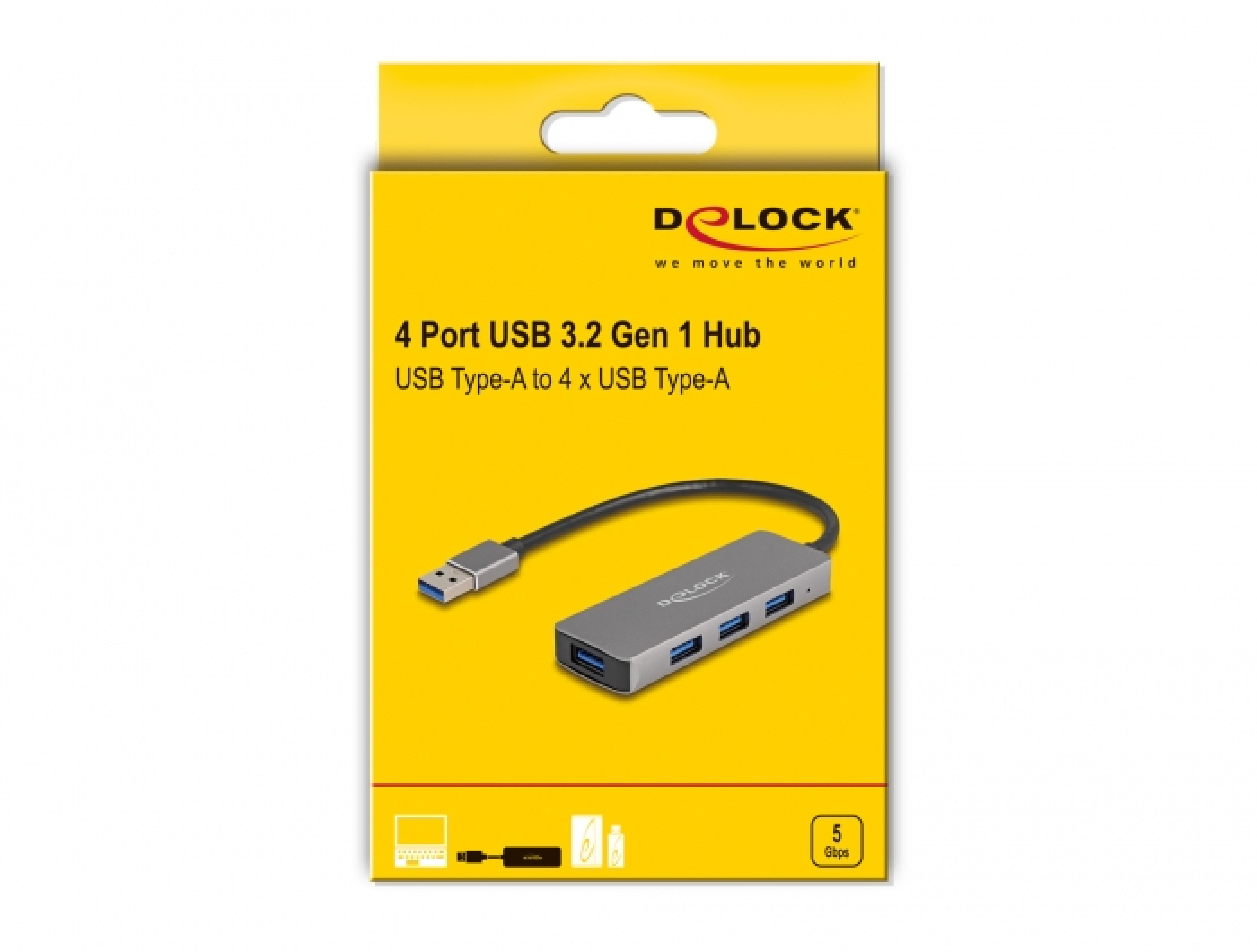 DELOCK 4 Port USB 3.2 Gen 1 Hub mit USB Typ-A Anschluss