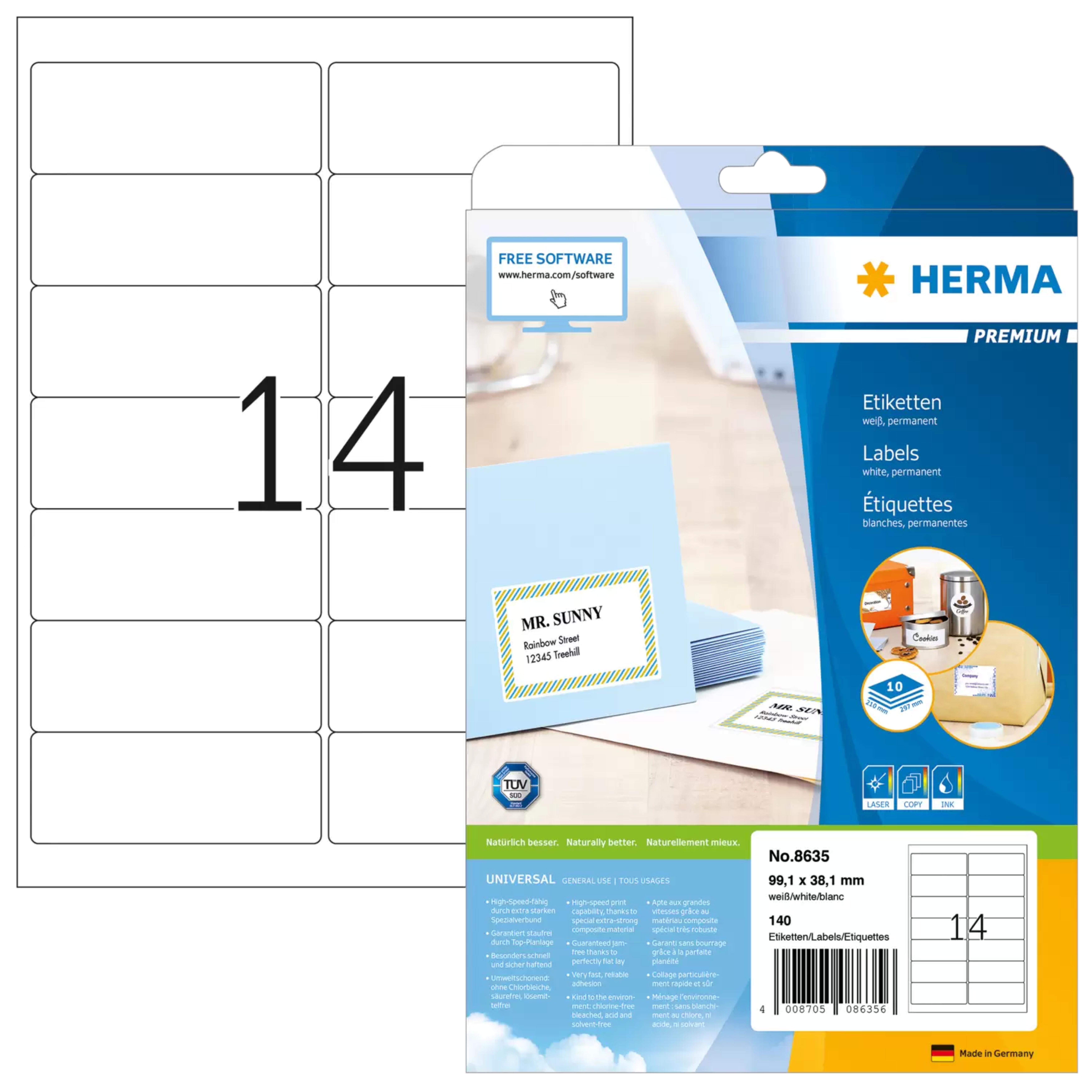 HERMA Adressetiketten A4 weiss 99,1x38,1 mm Papier 140 St.