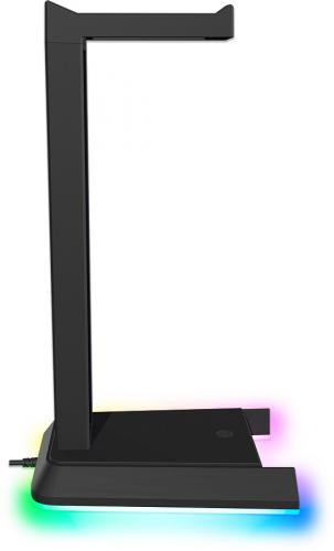 Schwarzer Kopfhörerständer mit integrierter RGB-Beleuchtung auf der Unterseite