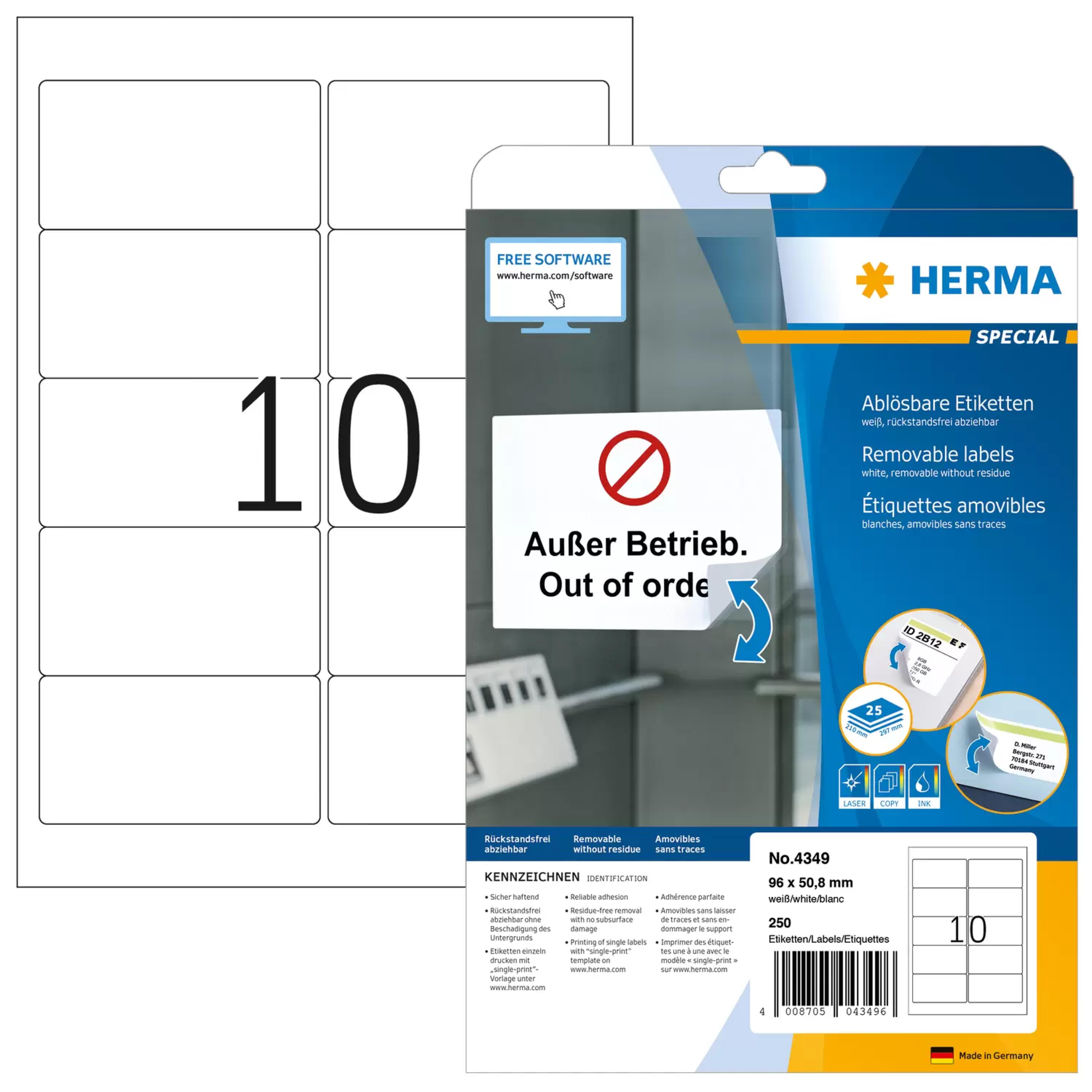 HERMA Adressetiketten A4 weiss 96x50,8 mm Papier 250 St.