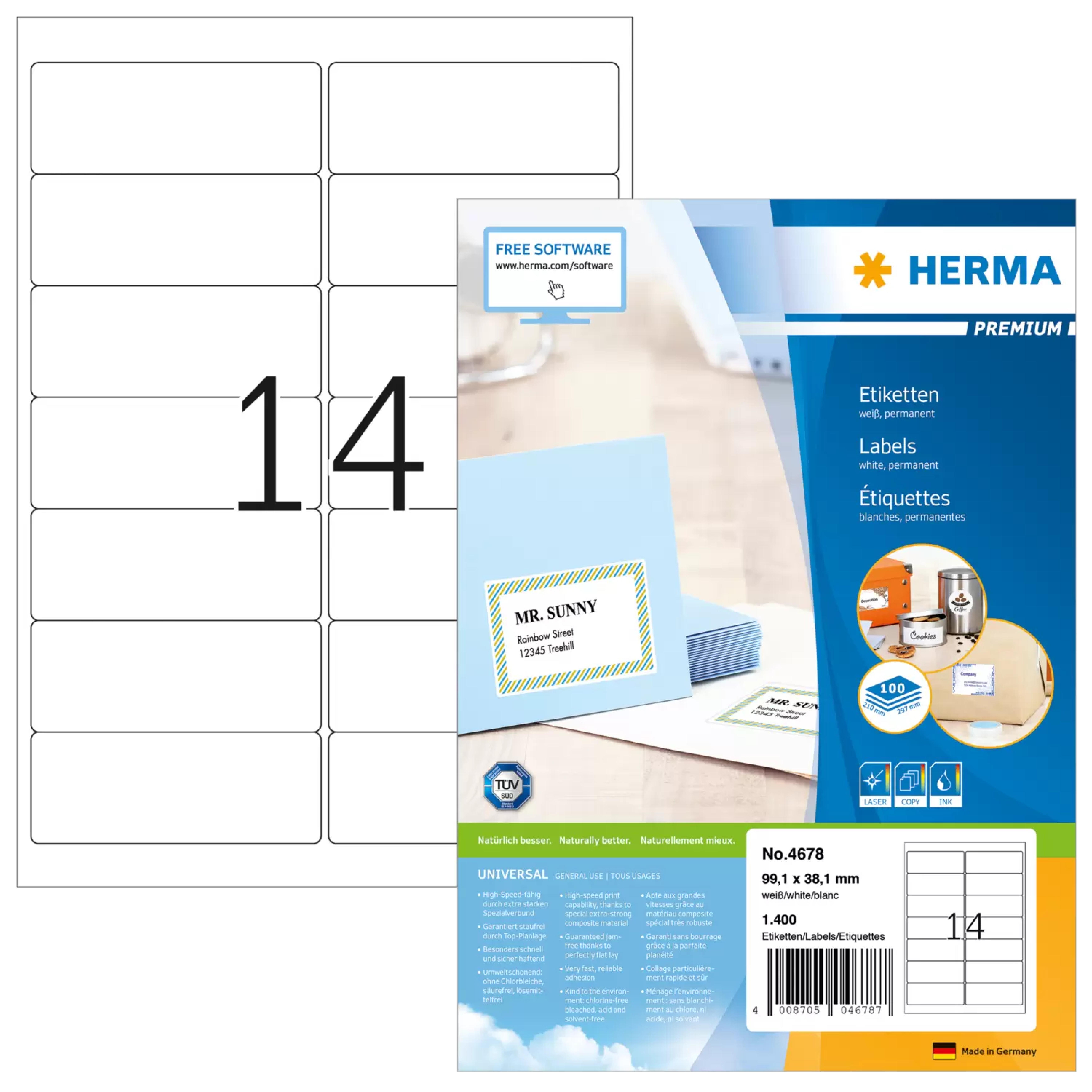 HERMA Adressetiketten A4 weiss 99,1x38,1 mm Papier 1400 St.