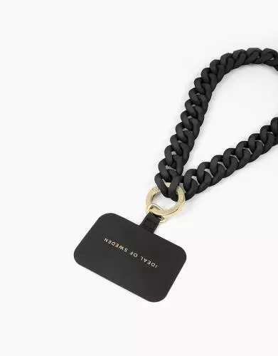 Schwarze Handykette aus robustem Material mit goldfarbenem Befestigungsring, ideal für stilvolle Smartphone-Nutzung