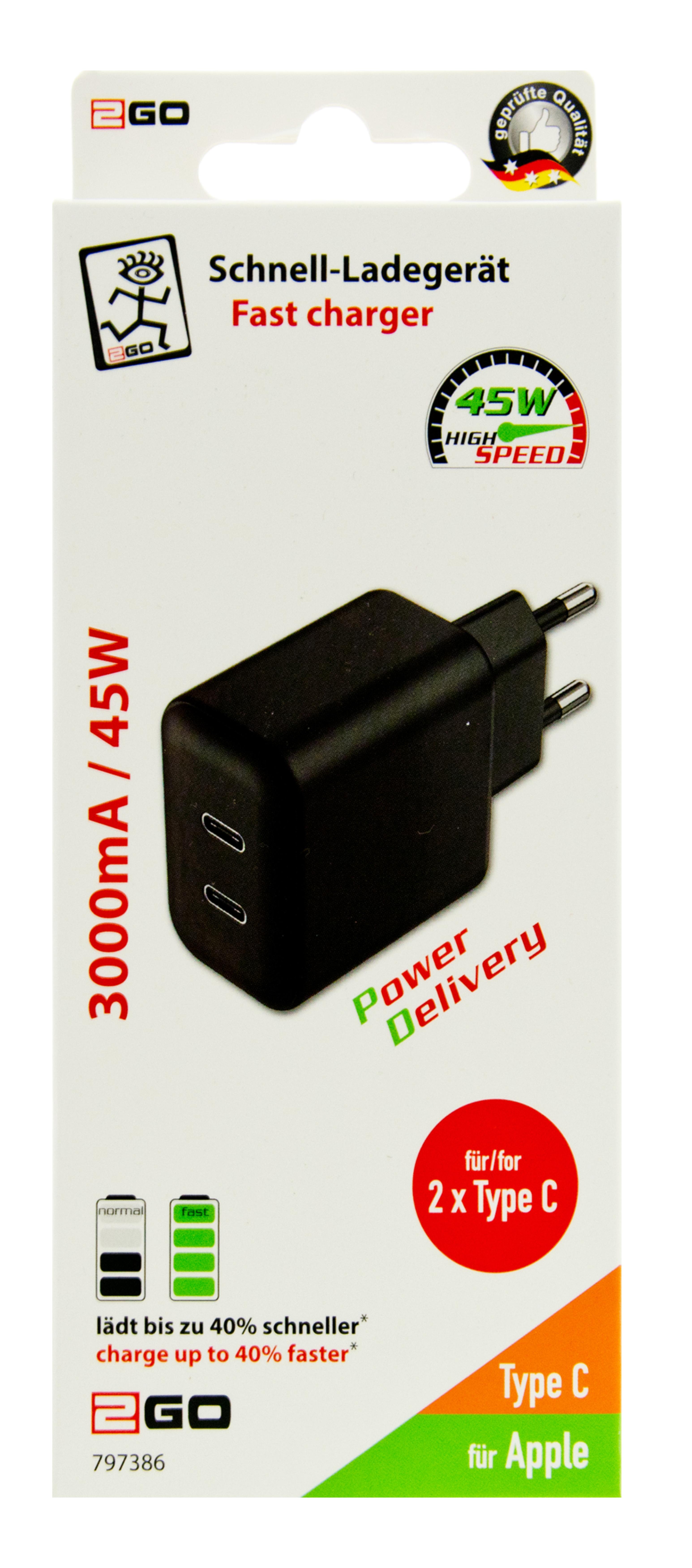 2GO Ladegeraet 45W 2-Port 2x USB-C, schwarz