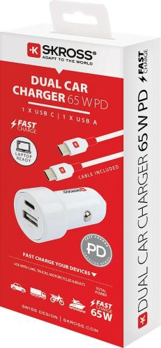 Verpackung des SKROSS Dual-Autoladegeräts 65W PD mit USB-C und USB-A Anschlüssen, ideal für schnelles Laden von Geräten im Auto