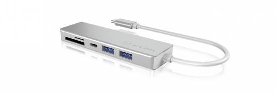 Silberner USB-C Hub mit verschiedenen Anschlussmöglichkeiten