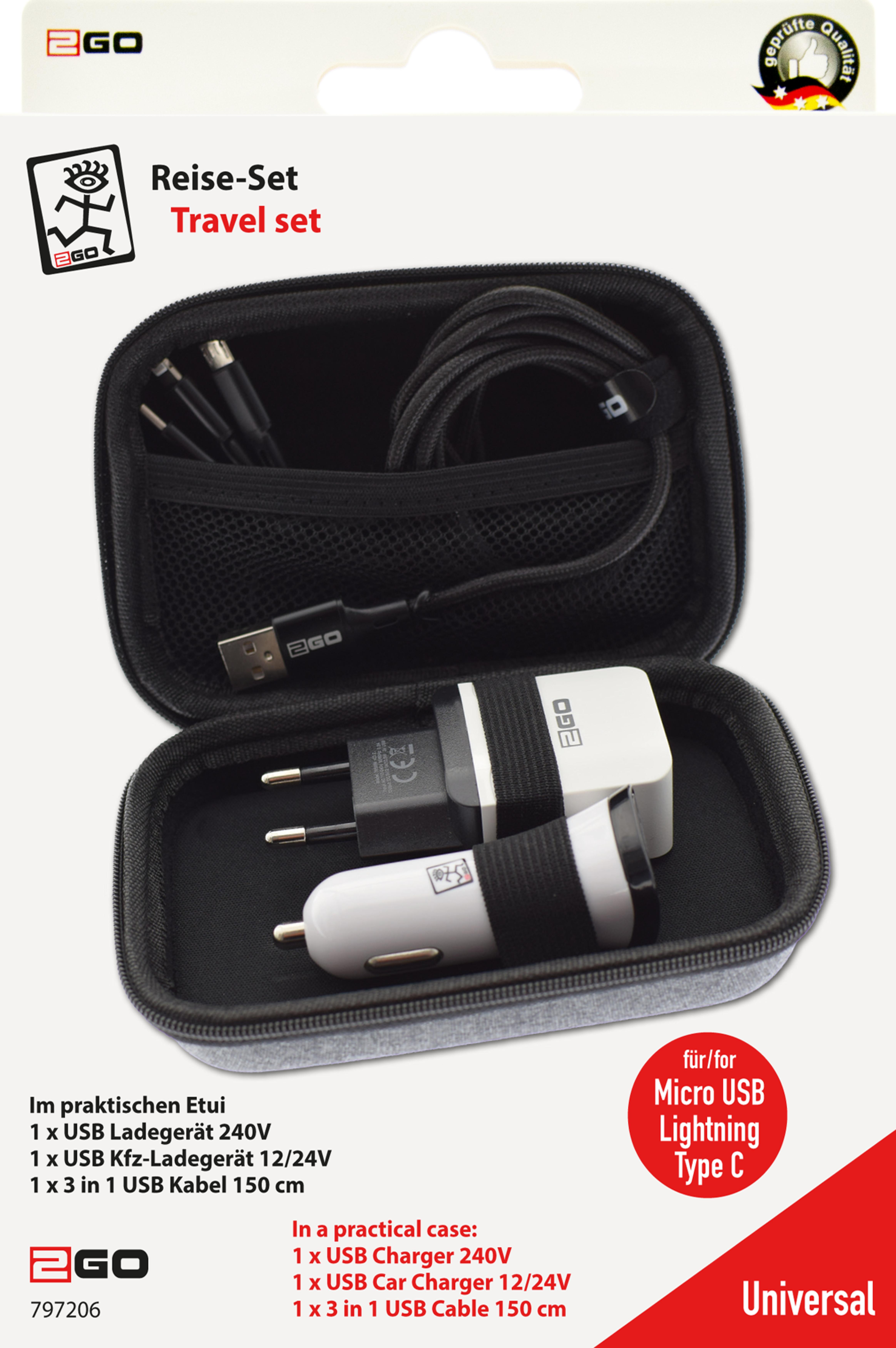 2GO Reise-Set All in One 3-tlg. USB Kabel + Ladegeraet