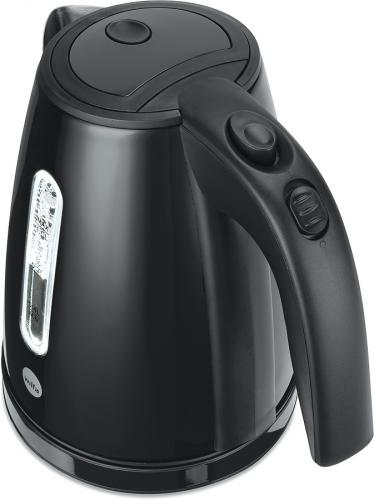 Moderner schwarzer Wasserkocher mit ergonomischem Griff und Wasserstandsanzeige