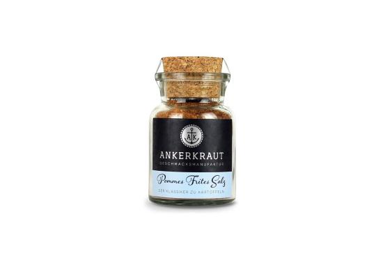 Glas mit Ankerkraut Pommes Frites Salz und Korkverschluss
