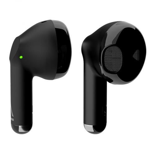 Schwarze kabellose Ohrhörer mit LED-Anzeige und ergonomischer Form