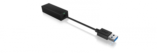 Schwarzer USB-zu-Ethernet-Adapter mit Kabel, geeignet für Netzwerkverbindungen.