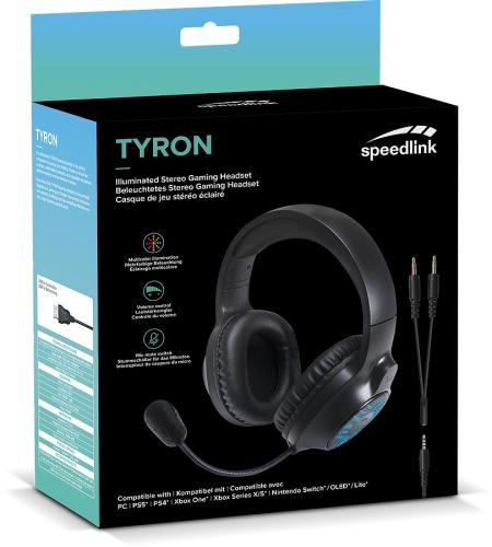 Verpackung des Speedlink Tyron beleuchteten Stereo Gaming Headsets mit Abbildungen des Headsets und Kompatibilitätsinformationen.