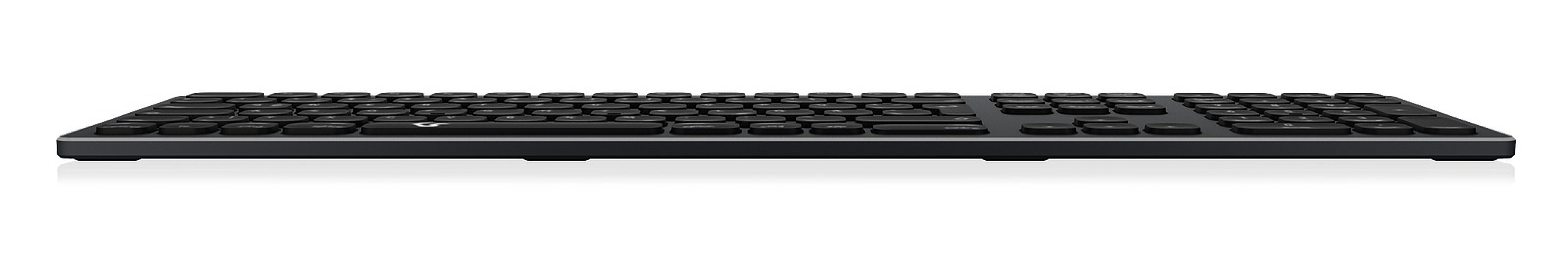 Flache, schwarze Tastatur in seitlicher Ansicht, ideal für minimalistische Arbeitsplätze