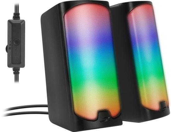 Zwei schwarze Lautsprecher mit bunten RGB-LED-Leuchten und einer Fernbedienung