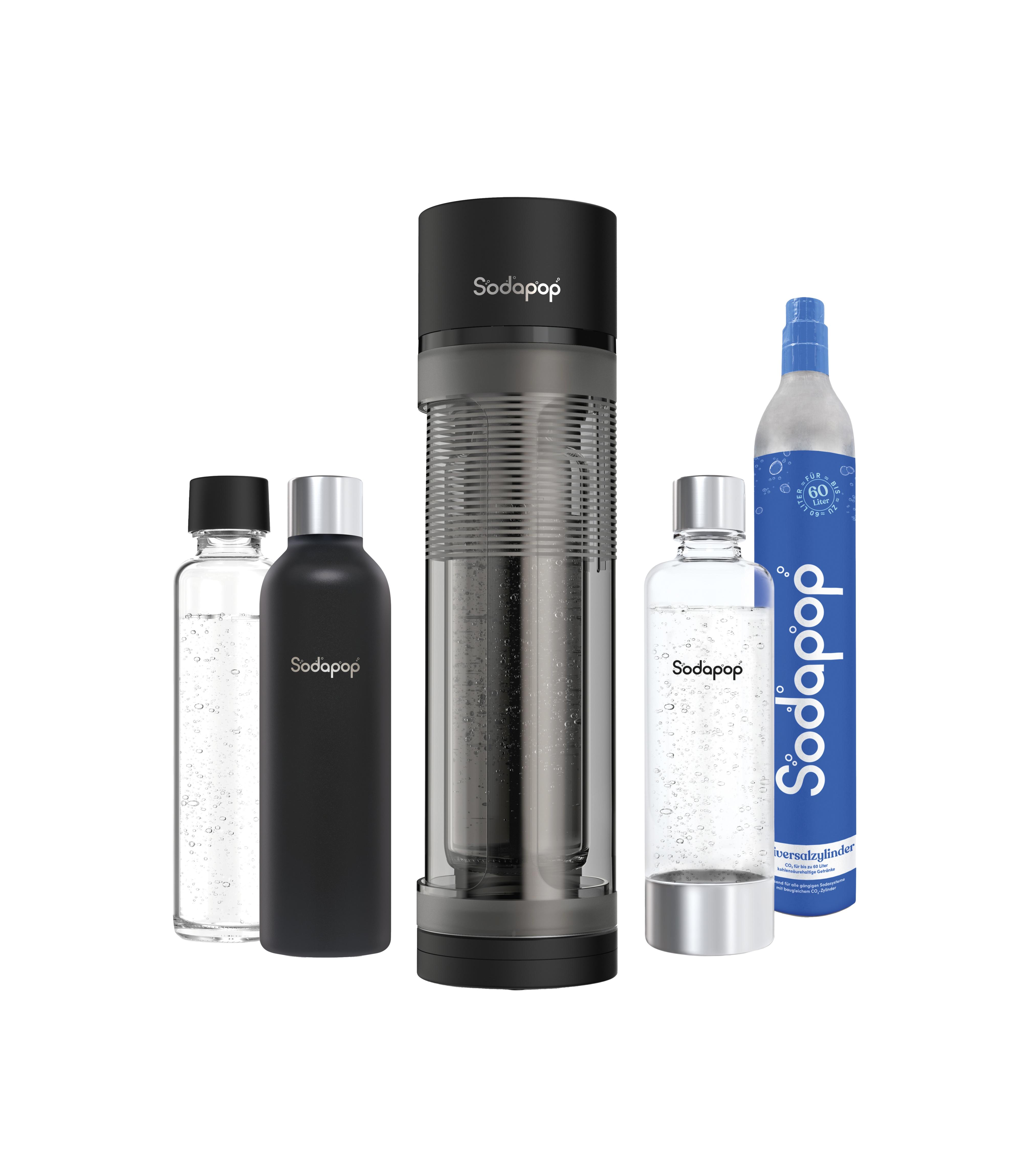 SODAPOP Wassersprudler Logan mit Glasflasche, PET Flasche, Edelstahlflasche & CO2-Zylinder