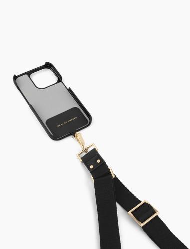 Schwarze Handyhülle mit transparentem Rückenteil und verstellbarem Schulterriemen