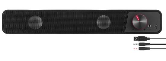 Schwarze rechteckige Soundbar mit zwei Lautsprechern, Drehregler und zwei Audiokabeln
