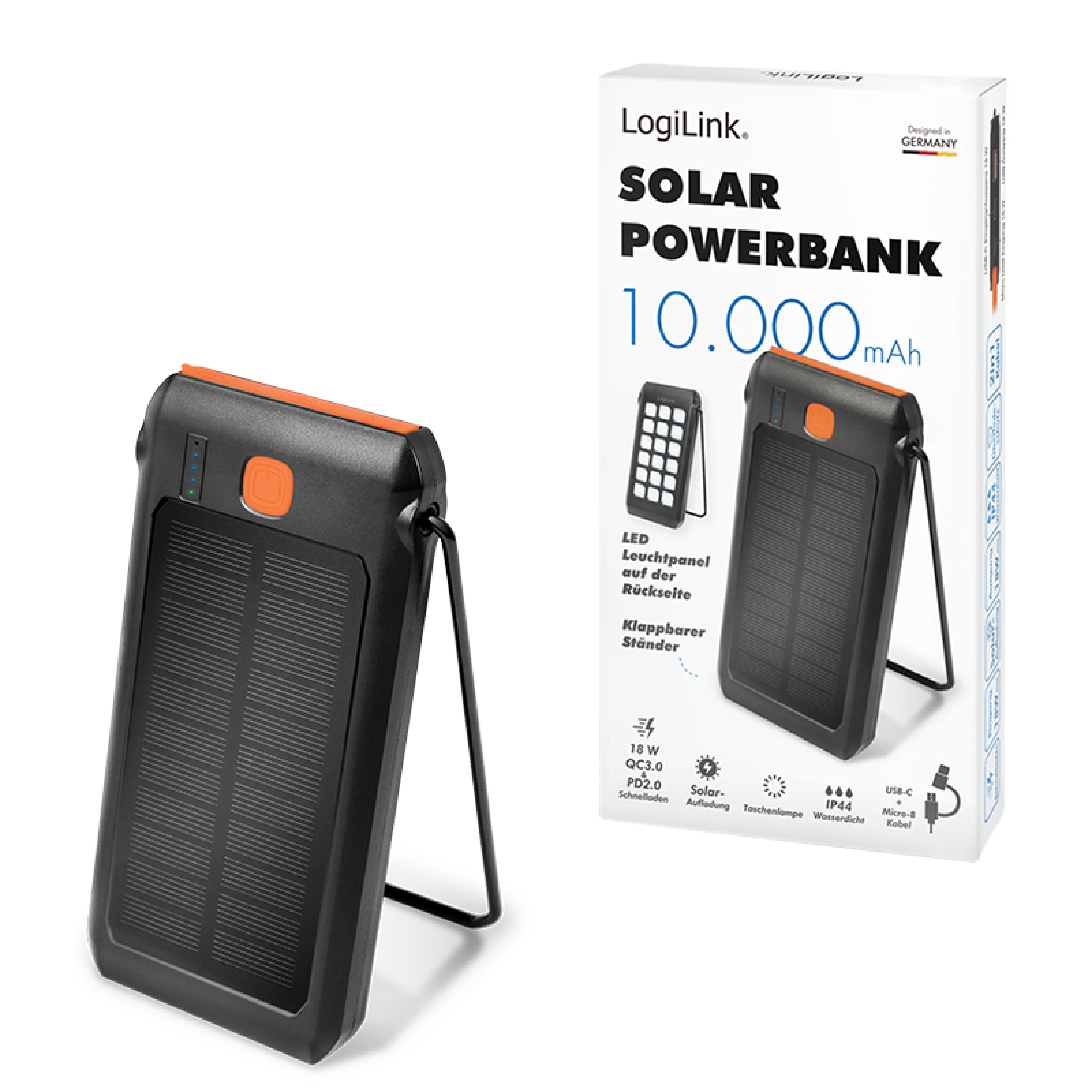 Logilink Solar Powerbank 10000 mAh 2x USB-A QC & 1x USB-C PD