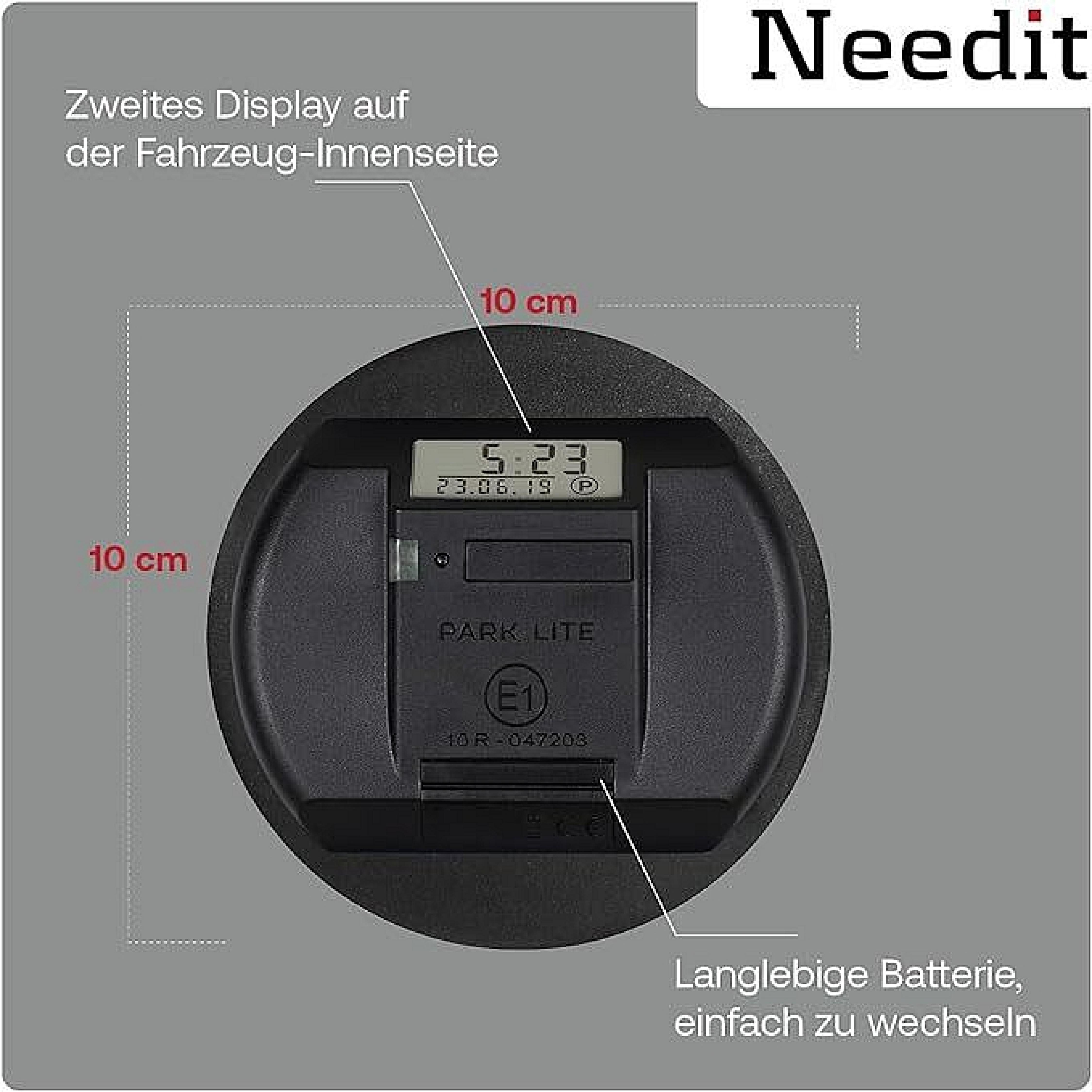 Runde, schwarze Parkscheibe mit digitalem Display, zeigt Datum und Uhrzeit, inklusive Maße von 10 cm und einfacher Batteriewechsel.
