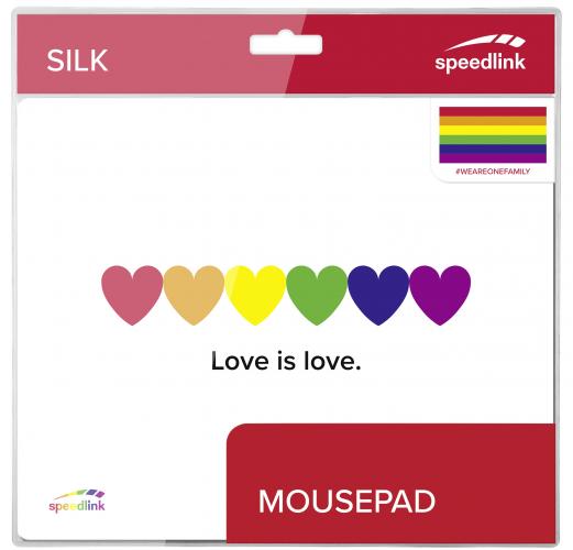 Speedlink Mauspad in Verpackung mit sechs Herzen in Regenbogenfarben und dem Text 'Love is love'.